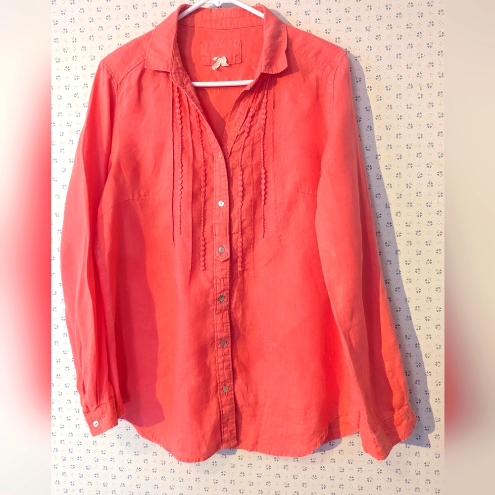 Malvin Linen Button-Up Top M Long Sleeve Oversized Lightweight Coral Orange